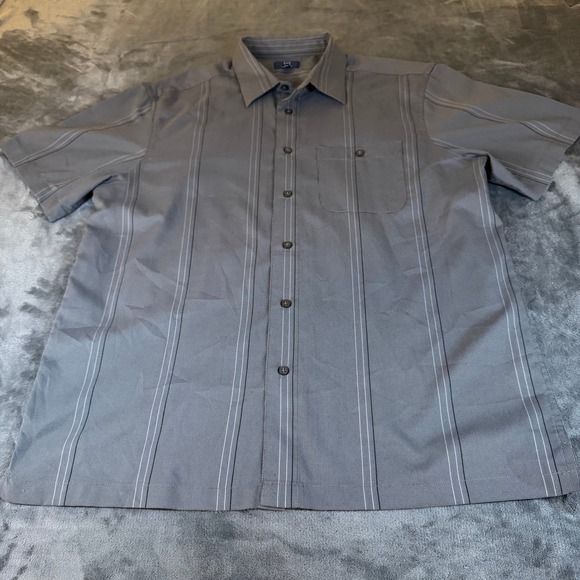 George Short Sleeve Button Up Dress Shirt Gray Striped Mens Large 42-44 - Picture 1 of 10
